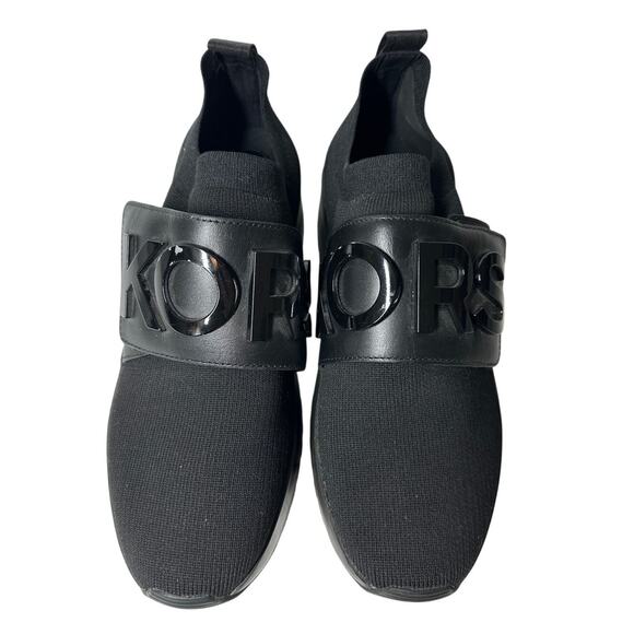 Michael Kors Cosmo Knit Slip On Sneakers Black MK Lettering Strap Sz 9 Platform - Picture 1 of 13